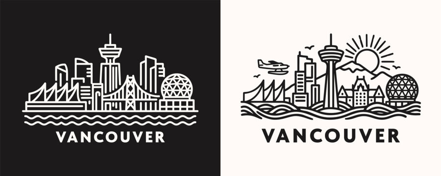 Vancouver Canada City Skyline Minimalist Line Art Vector Icon Illustration Set
