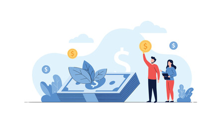 Obraz premium Business professionals manage financial growth around a large stack of banknotes and flying coins in a modern corporate illustration.