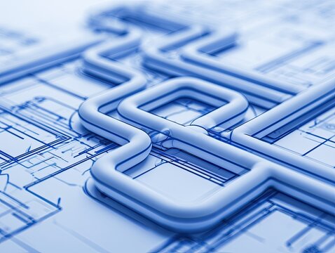 Abstract blue interconnected pipes and circuits form a complex network