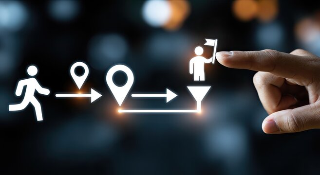 Digital icons show a journey from start to finish, guided by a hand