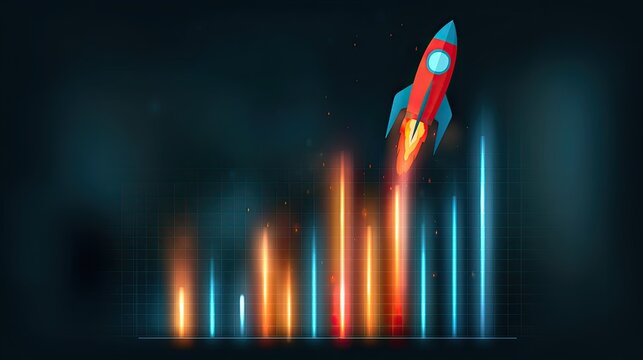 Red rocket launches upward from glowing, colorful bar chart against dark background