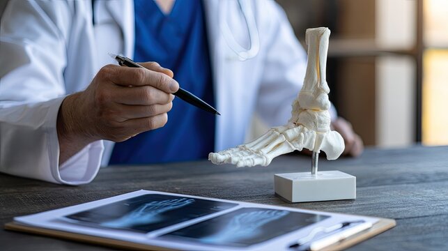 Physician points to foot anatomy model near X-rays on desk