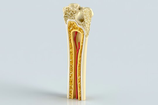 Longitudinal cross-section of a long bone revealing internal structure, marrow, and vasculature