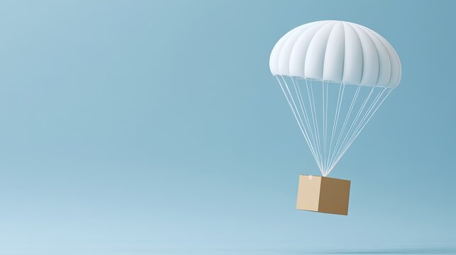 Simple brown package descends suspended from a white parachute against blue