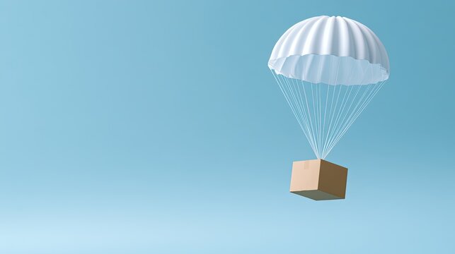 Package descending gently under a white parachute against a clear blue sky