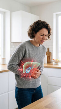Woman suffering from severe abdominal pain due to gallbladder stone. Concept of liver inflammation and digestive health problem. Medical illustration visualizing internal organ ache.