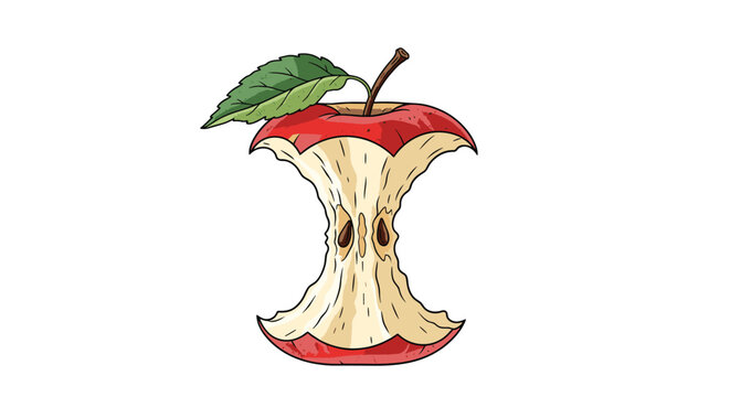 Detailed illustration of a red apple core with a single green leaf on its stem isolated on a pure white background.