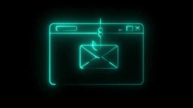 Neon Email Phishing Scam Icon Isolated on Black Background. Fishing hook stealing envelope from browser window. Concept of email phishing and email scams.4K