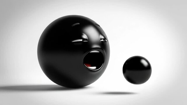 3d render of a cute black sphere character with a surprised and curious facial expression