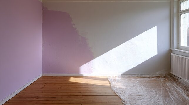 Interior room undergoing renovation, one wall half-painted purple, sunlight streaming