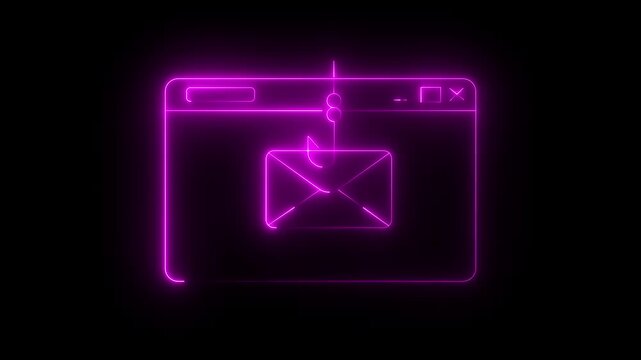 Neon Email Phishing Scam Icon Isolated on Black Background. Fishing hook stealing envelope from browser window. Concept of email phishing and email scams.4K