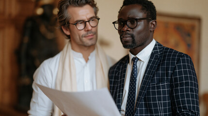Fototapeta premium Cultural attaché from West Africa and European museum curator standing before a disputed bronze sculpture in a repatriation meeting room, a printed provenance document held