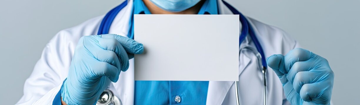 Medical professional in gloves holds up blank card