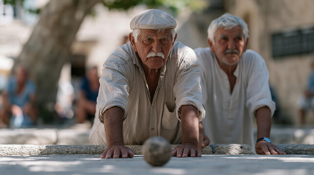 elderly men bent in concentration during p&eacute;tanque tournament in limestone village square, boule hanging mid-arc, September afternoon shade under plane trees, scoreboard chalked on