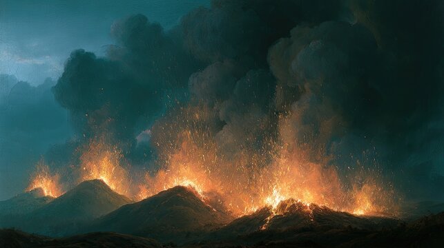 Fiery mountain eruption spews glowing lava and dark ash into a stormy sky