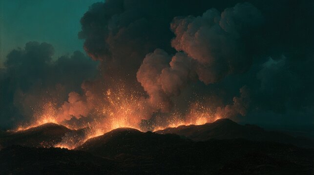Fiery volcanic eruption spews lava and smoke into a dark, dramatic sky