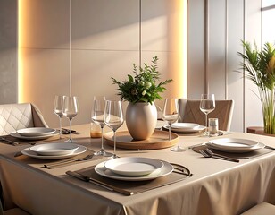 Fototapeta premium A dining table set with wine glasses and a plant centerpiece