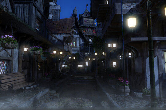 Misty nighttime scene of medieval town with illuminated street lamps, wooden buildings, and cobblestone paths. Ideal for atmospheric game environments or fantasy storytelling visuals. 3D Illustration