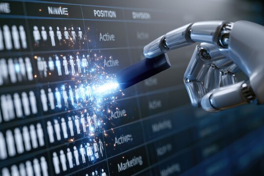 Robotic arm interacting with glowing data grid, highlighting active personnel
