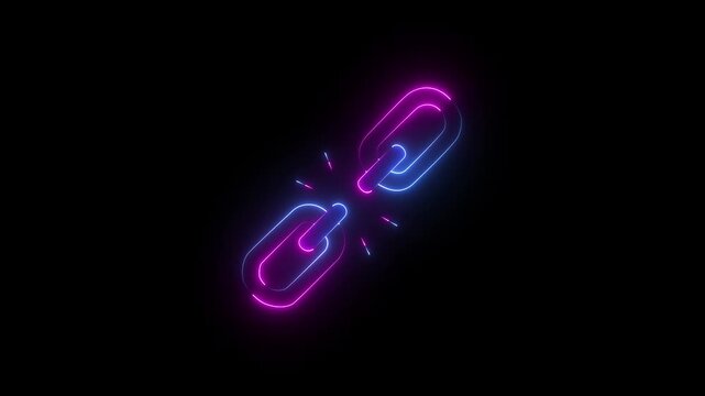 Glowing neon unlink icon isolated on black background. broken Link icon.4K Animation Video.