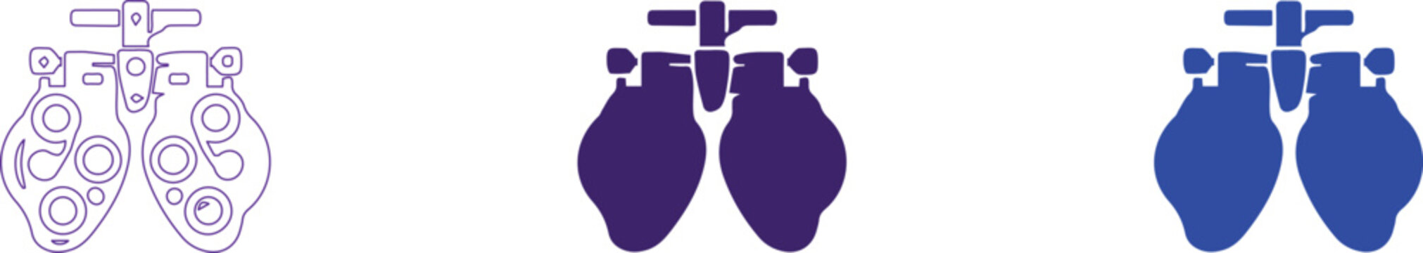 Ophthalmic phoropter icons set, professional optometry eye exam equipment, purple vision testing tool vector illustrations for ophthalmology clinics