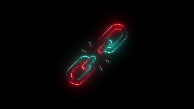 Glowing neon unlink icon isolated on black background. broken Link icon.4K Animation Video.