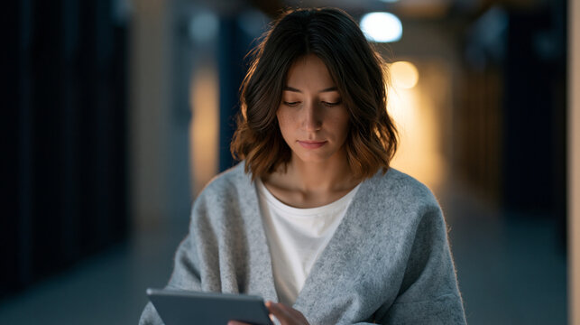 Exhausted data center technician seated on a break bench inside a server corridor, reviewing a power usage report on a tablet, the hum of overworked infrastructure surrounding
