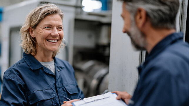 Over the shoulder view of apprenticeship program coordinator reviewing completed skills assessment checklist while tradesperson demonstrates technique on industrial machinery,
