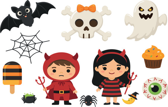 Cute Halloween vector icon set featuring kids in devil costumes flying bat spooky ghost skull web and party treats isolated on white background.