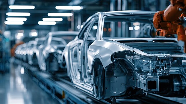 Unfinished auto bodies gleam on an assembly line under industrial lights