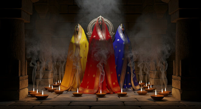 Rath yatra three deities in colorful robes with oil lamps