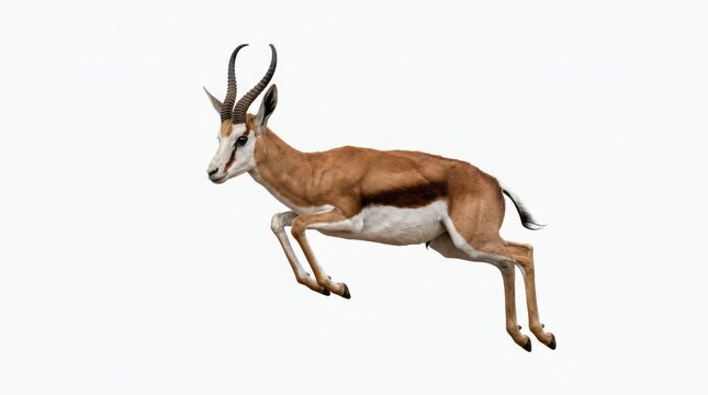 A springbok leaps elegantly against a clean white background, its powerful legs extended in mid-air, showcasing its agility and grace