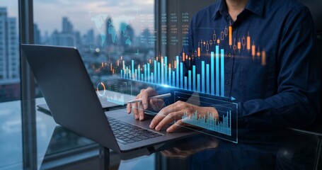 financial market trader analyzing stock trends with digital charts and world map data, investment technology and economic strategy planning on laptop, fintech stock market monitor and digital finance  © Studio KN