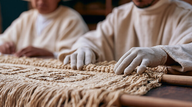 Close up of a Peruvian quipu knotted record being handled by a textile anthropologist in a Lima conservation lab, her gloved fingers tracing the knotted sequence while a Quechua