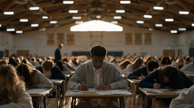 Overcrowded gymnasium converted into a testing center for state exams shows rows of students hunched over answer sheets under harsh overhead panels, a proctor pacing between desks