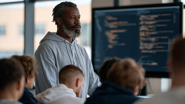 Developer advocate at a tech company demonstrating AI code generation to a group of junior engineers gathered in a workshop room, live coding on a projector with suggested
