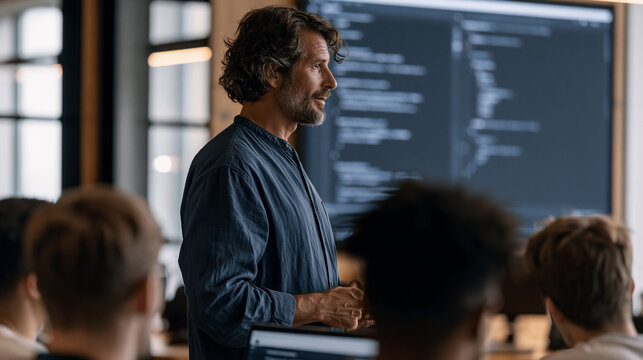 Developer advocate at a tech company demonstrating AI code generation to a group of junior engineers gathered in a workshop room, live coding on a projector with suggested