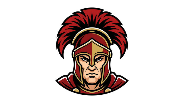 Powerful spartan warrior mascot head with red plume and golden helmet