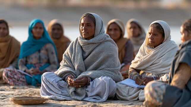 Women-led farmer group in northern India conducting a soil health assessment workshop on a dry riverbed, cooperative leader demonstrating a simple nitrate test kit to a seated
