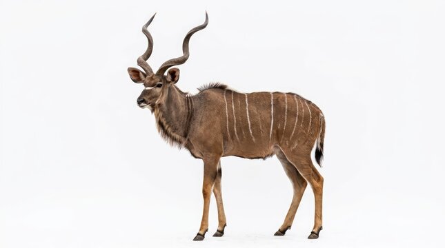 Greater kudu male standing in profile with spectacular spiralled horns
