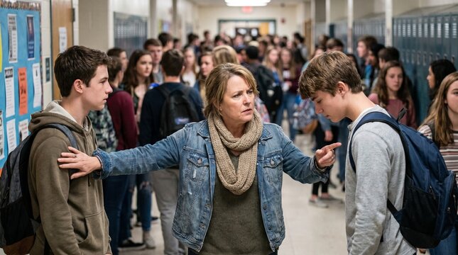 Female teacher intervening to stop a fight between two teenage boys in a school hallway