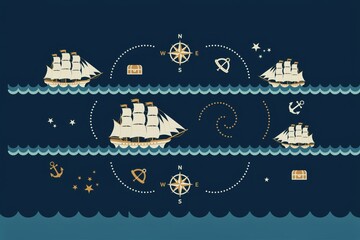 Obraz premium A nautical pattern featuring vintage sailing ships, compass roses, anchors, treasure chests, and stars on a dark blue background, with wavy water lines