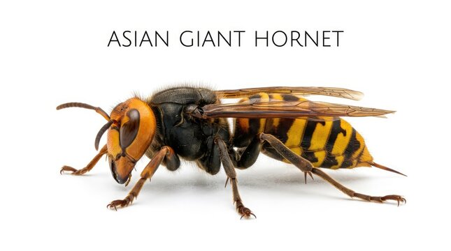 An Asian giant hornet is shown in a close-up studio shot with its head turned to the left