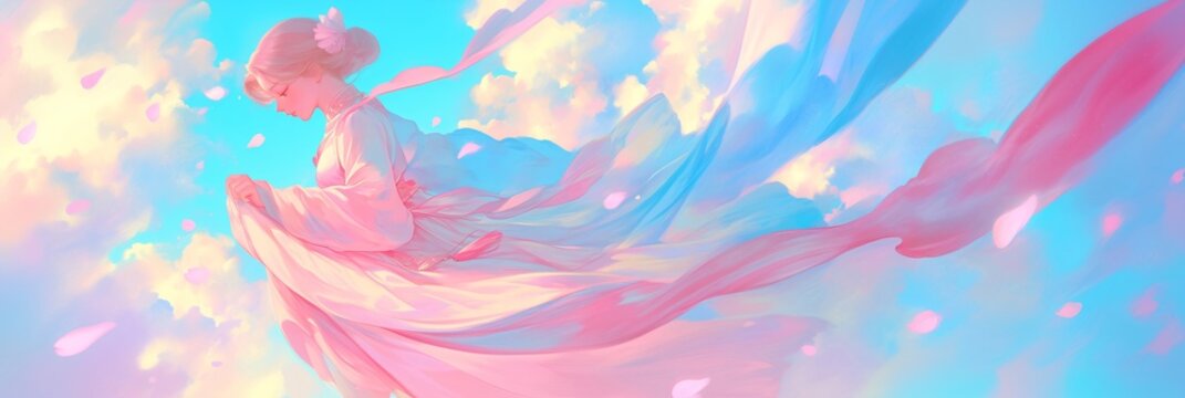 Woman in pink traditional asian clothing among clouds and falling petals. Fantasy game background for spring festival or new year celebration.