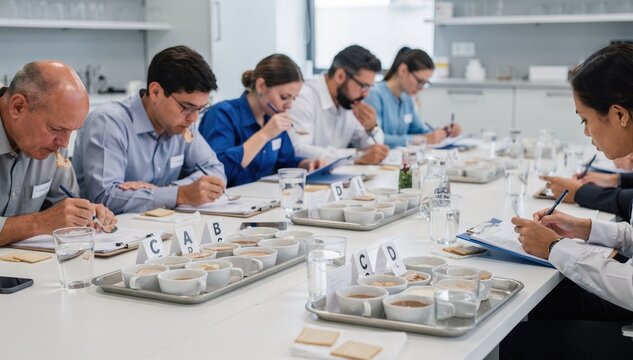 Medium shot of panel members recording detailed notes while testing multiple product variations for consistency in taste and mouthfeel.
