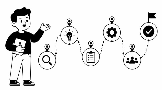 Illustration of person explaining a process with icons and arrows.