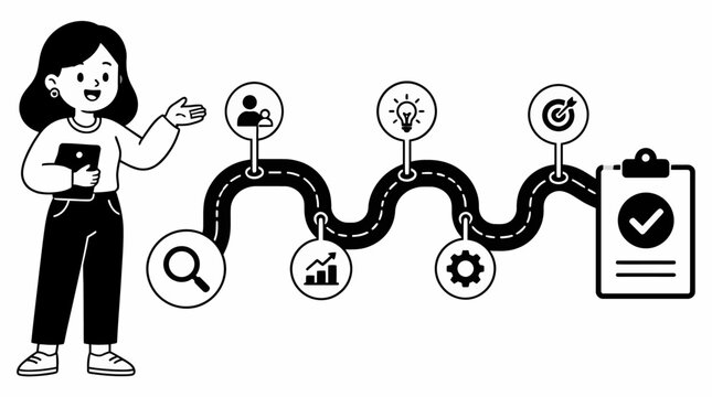 Illustration of woman pointing at process flow diagram.