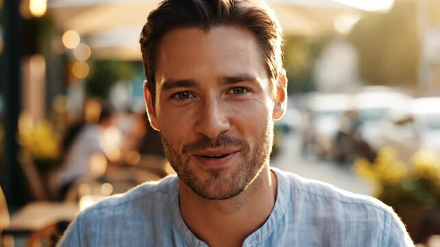 Closeup portrait of a friendly young man waving his hand at the camera outdoors in a warm, sunlit setting