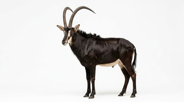 A sable antelope standing proudly, showcasing its magnificent curved horns and sleek, dark coat. This majestic creature is captured in a clear studio setting, highlighting its striking features