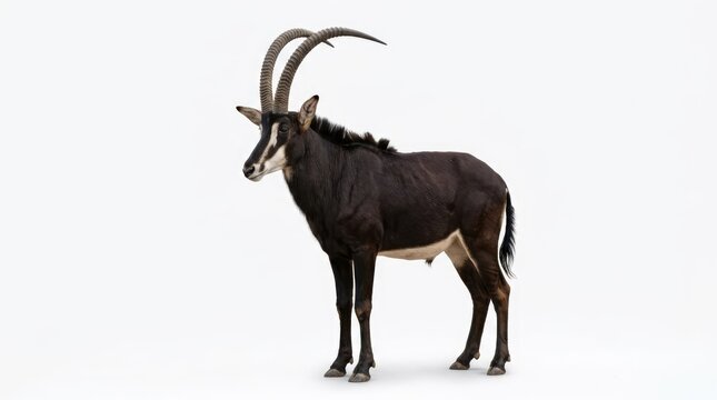 Majestic sable antelope with impressive curved horns, standing proudly. Its dark coat contrasts with white facial markings.